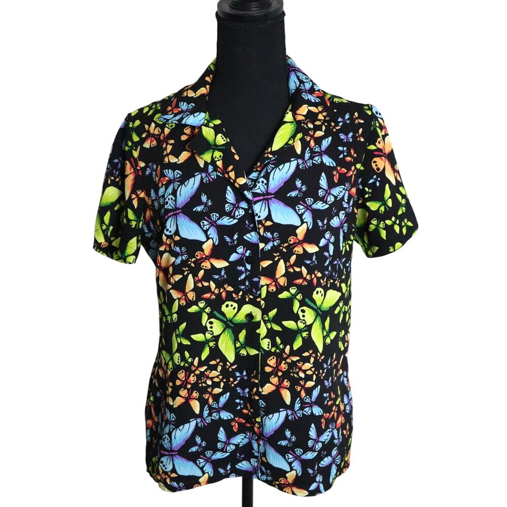 Elemenzs Vintage Y2K Butterfly Blouse Button Down Collar with camisole M